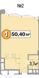 Однокомнатная квартира 50.4 м²